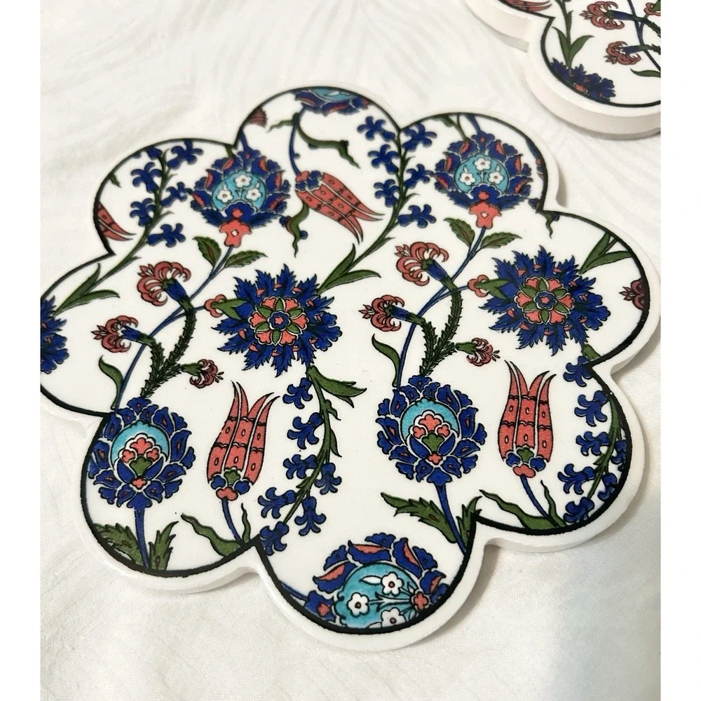 2 Turkish Ceramic Kitchen Hot Plate Trivet Purple Red Flower Shape 7.25